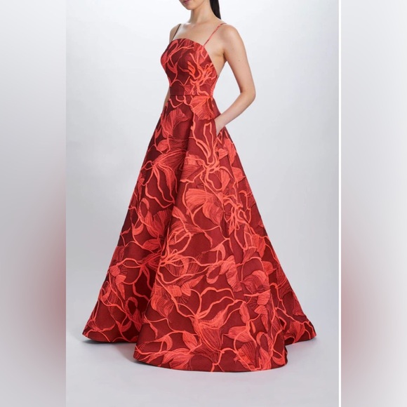 Amsale Dresses & Skirts - Amsale New Italian Fluorescent Floral Jacquard Gown In Coral Black Size 14